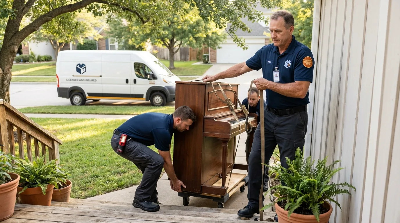 Licensed piano movers securing grand piano in Newport, NH