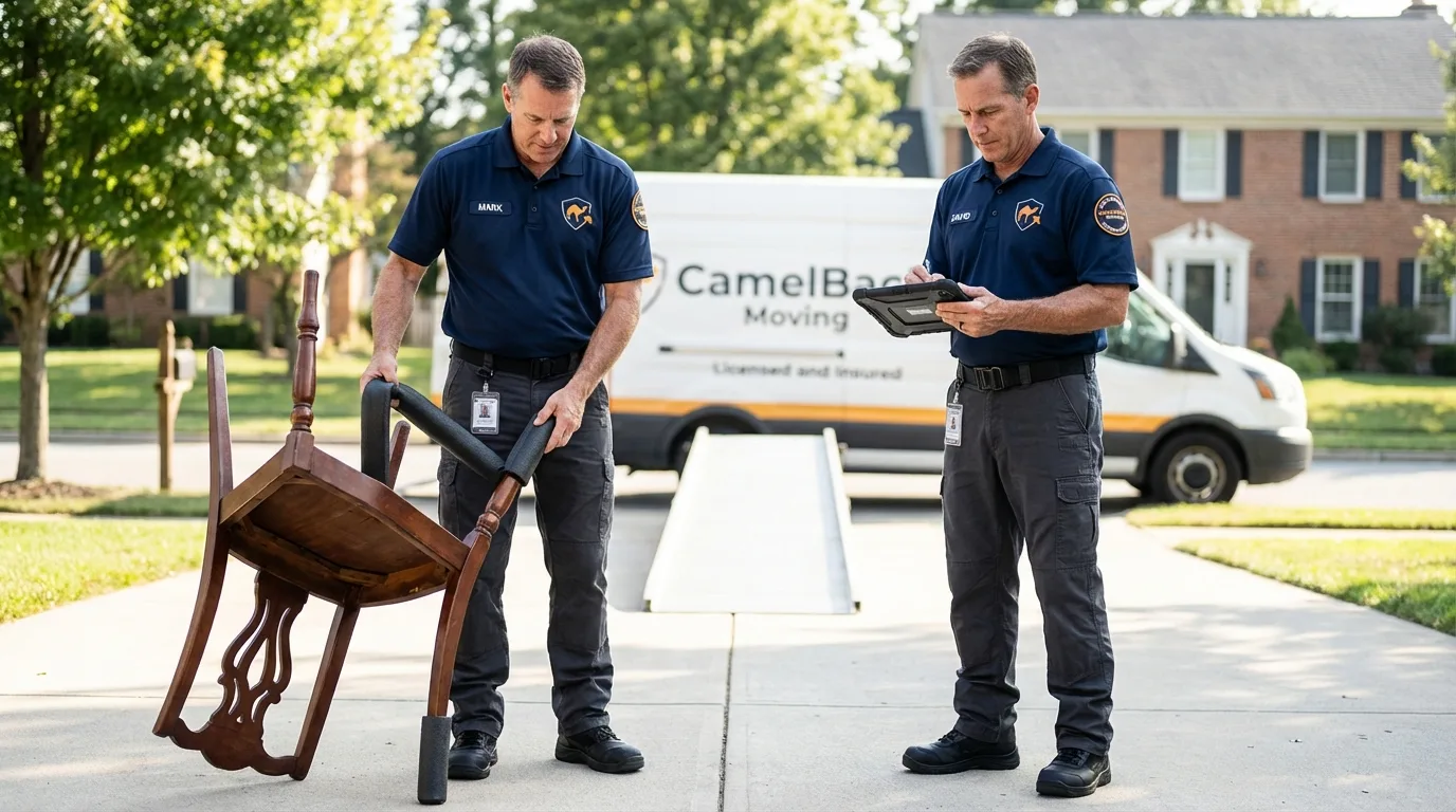 Movers inspecting furniture for damage prevention before loading in Newport, NH