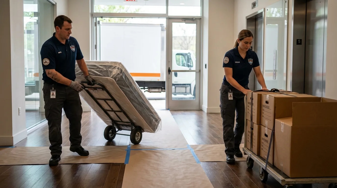 Professional apartment movers loading elevator in Newport, NH