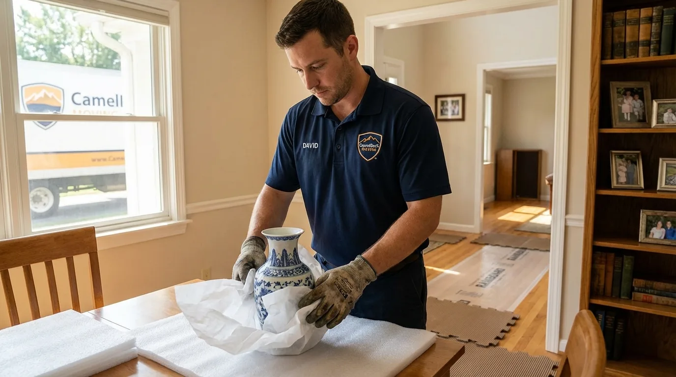 Professional crew carefully wrapping antique vase for senior downsizing move in Newport, NH
