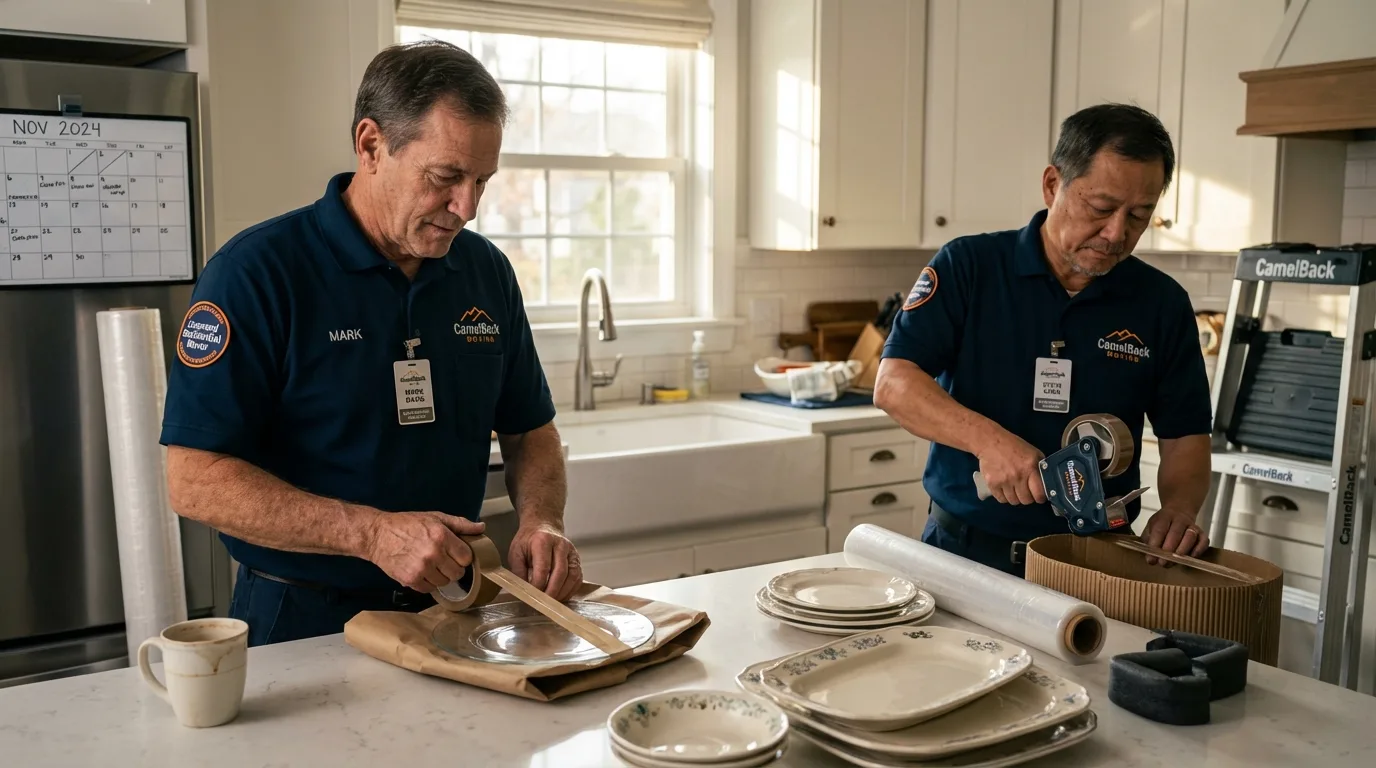 Professional crew packing kitchen dishware in Newport, NH